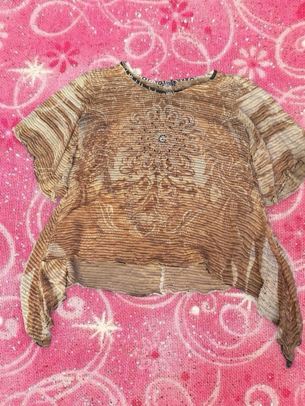 Brown Short-Sleeve Patterned Womens Blouse